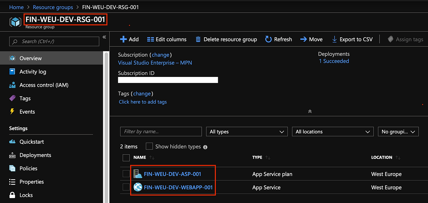 Example of an Azure naming convention