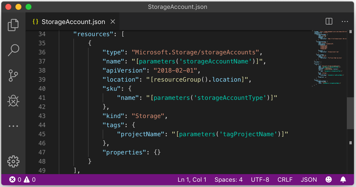 Example ARM template containing a Storage Account resource