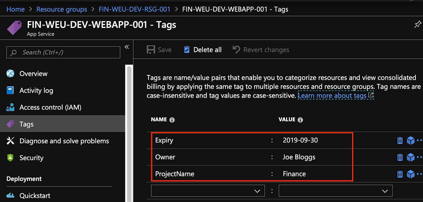 Example of tags applied to an Azure resource